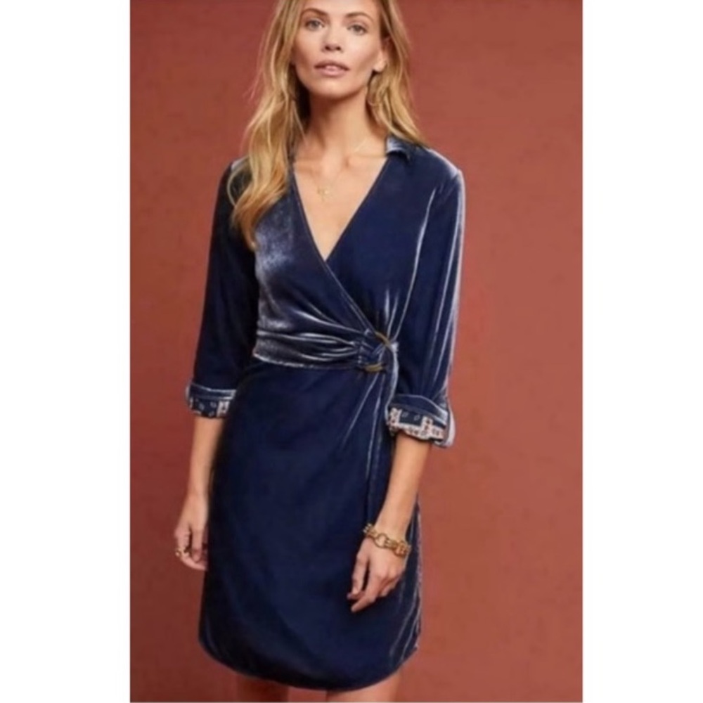 Anthropologie Navy Blue Velvet Mini Dress